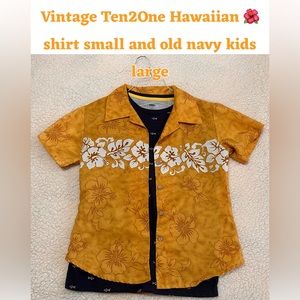 Vintage Ten2One Hawaiian floral shirt small gold & Old Navy kids large - sharks
